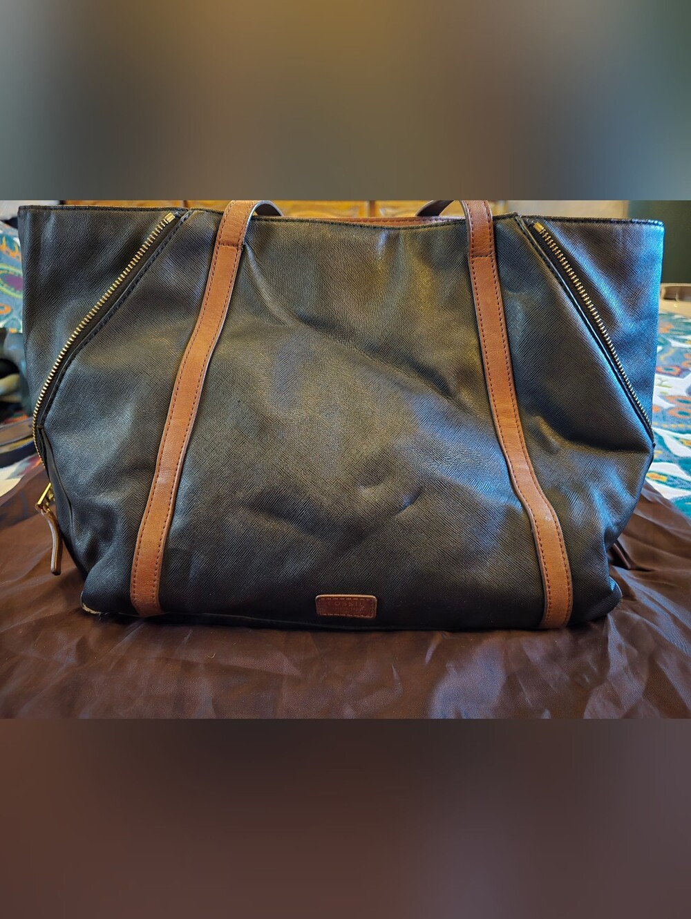 Fossil Black and Brown Leather Tote